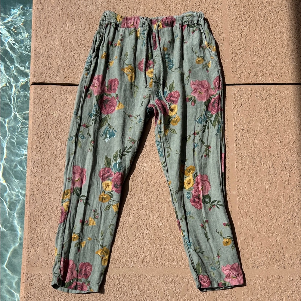 belle france Linen Floral Cropped Pants